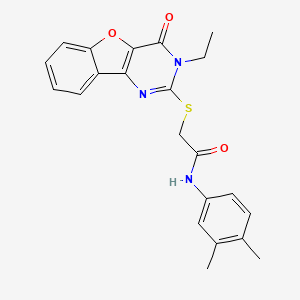 molecular formula C22H21N3O3S B2980510 N-(3,4-dimethylphenyl)-2-[(3-ethyl-4-oxo-3,4-dihydro[1]benzofuro[3,2-d]pyrimidin-2-yl)sulfanyl]acetamide CAS No. 899742-23-5