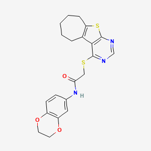 molecular formula C21H21N3O3S2 B2980770 N-(2,3-dihydrobenzo[b][1,4]dioxin-6-yl)-2-((6,7,8,9-tetrahydro-5H-cyclohepta[4,5]thieno[2,3-d]pyrimidin-4-yl)thio)acetamide CAS No. 690642-51-4