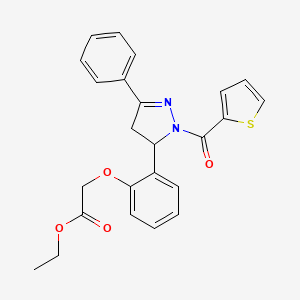 molecular formula C24H22N2O4S B2980999 Ethyl 2-[2-[5-phenyl-2-(thiophene-2-carbonyl)-3,4-dihydropyrazol-3-yl]phenoxy]acetate CAS No. 830344-94-0