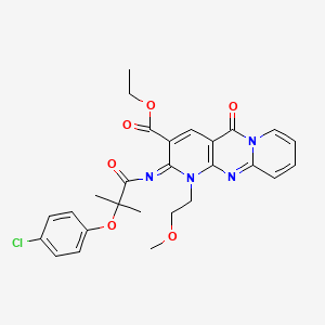 molecular formula C27H27ClN4O6 B2981147 ethyl 6-[2-(4-chlorophenoxy)-2-methylpropanoyl]imino-7-(2-methoxyethyl)-2-oxo-1,7,9-triazatricyclo[8.4.0.03,8]tetradeca-3(8),4,9,11,13-pentaene-5-carboxylate CAS No. 685859-99-8