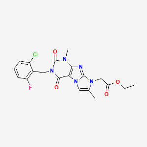 molecular formula C20H19ClFN5O4 B2981371 ethyl 2-(3-(2-chloro-6-fluorobenzyl)-1,7-dimethyl-2,4-dioxo-3,4-dihydro-1H-imidazo[2,1-f]purin-8(2H)-yl)acetate CAS No. 919009-70-4
