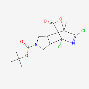 molecular formula C14H18Cl2N2O4 B2981417 Tert-butyl 1,11-dichloro-7-methyl-9-oxo-8-oxa-4,10-diazatricyclo[5.2.2.0,2,6]undec-10-ene-4-carboxylate CAS No. 2225147-52-2