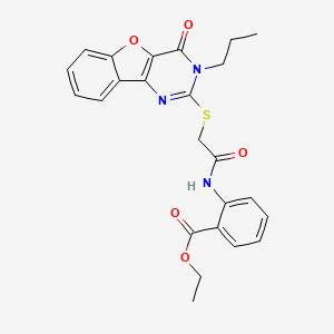 molecular formula C24H23N3O5S B2981478 Ethyl 2-(2-((4-oxo-3-propyl-3,4-dihydrobenzofuro[3,2-d]pyrimidin-2-yl)thio)acetamido)benzoate CAS No. 900004-00-4