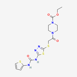 molecular formula C16H20N6O4S3 B2981519 Ethyl 4-(2-((5-(3-(thiophen-2-yl)ureido)-1,3,4-thiadiazol-2-yl)thio)acetyl)piperazine-1-carboxylate CAS No. 1329848-66-9