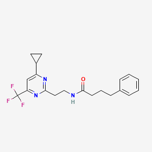 molecular formula C20H22F3N3O B2981566 N-(2-(4-cyclopropyl-6-(trifluoromethyl)pyrimidin-2-yl)ethyl)-4-phenylbutanamide CAS No. 1396849-43-6