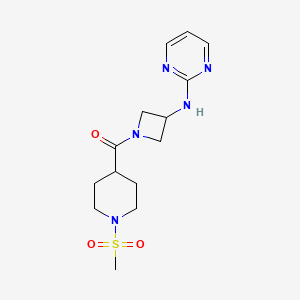 molecular formula C14H21N5O3S B2981792 (1-(Methylsulfonyl)piperidin-4-yl)(3-(pyrimidin-2-ylamino)azetidin-1-yl)methanone CAS No. 2034302-57-1