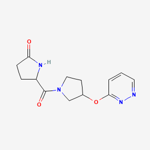 molecular formula C13H16N4O3 B2982105 5-(3-(Pyridazin-3-yloxy)pyrrolidine-1-carbonyl)pyrrolidin-2-one CAS No. 2034204-91-4
