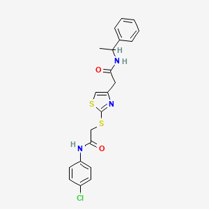 molecular formula C21H20ClN3O2S2 B2982108 N-(4-chlorophenyl)-2-((4-(2-oxo-2-((1-phenylethyl)amino)ethyl)thiazol-2-yl)thio)acetamide CAS No. 953992-04-6