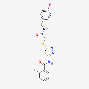 molecular formula C18H14F2N4O2S2 B2982119 2-fluoro-N-{5-[({[(4-fluorophenyl)methyl]carbamoyl}methyl)sulfanyl]-1,3,4-thiadiazol-2-yl}benzamide CAS No. 896022-88-1