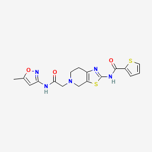 molecular formula C17H17N5O3S2 B2982212 N-(5-(2-((5-methylisoxazol-3-yl)amino)-2-oxoethyl)-4,5,6,7-tetrahydrothiazolo[5,4-c]pyridin-2-yl)thiophene-2-carboxamide CAS No. 1351599-29-5