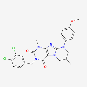 molecular formula C24H23Cl2N5O3 B2982332 3-[(3,4-dichlorophenyl)methyl]-9-(4-methoxyphenyl)-1,7-dimethyl-1H,2H,3H,4H,6H,7H,8H,9H-pyrimido[1,2-g]purine-2,4-dione CAS No. 862185-79-3