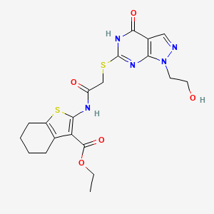 molecular formula C20H23N5O5S2 B2982424 ethyl 2-(2-((1-(2-hydroxyethyl)-4-oxo-4,5-dihydro-1H-pyrazolo[3,4-d]pyrimidin-6-yl)thio)acetamido)-4,5,6,7-tetrahydrobenzo[b]thiophene-3-carboxylate CAS No. 932352-20-0
