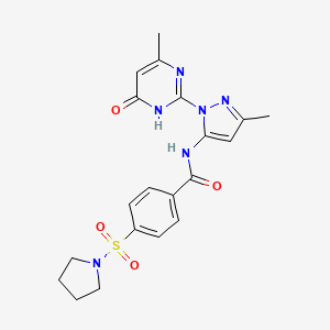 molecular formula C20H22N6O4S B2982518 N-(3-methyl-1-(4-methyl-6-oxo-1,6-dihydropyrimidin-2-yl)-1H-pyrazol-5-yl)-4-(pyrrolidin-1-ylsulfonyl)benzamide CAS No. 1019096-12-8