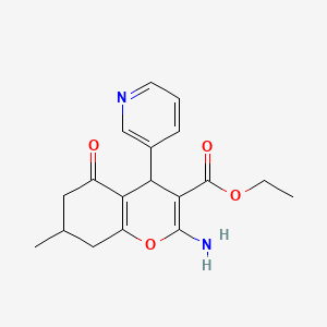 molecular formula C18H20N2O4 B2982689 ethyl 2-amino-7-methyl-5-oxo-4-(3-pyridinyl)-5,6,7,8-tetrahydro-4H-chromene-3-carboxylate CAS No. 497061-28-6