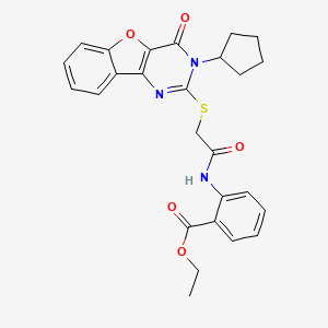 molecular formula C26H25N3O5S B2982715 Ethyl 2-({[(3-cyclopentyl-4-oxo-3,4-dihydro[1]benzofuro[3,2-d]pyrimidin-2-yl)sulfanyl]acetyl}amino)benzoate CAS No. 899962-45-9