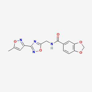 molecular formula C15H12N4O5 B2982781 N-((3-(5-methylisoxazol-3-yl)-1,2,4-oxadiazol-5-yl)methyl)benzo[d][1,3]dioxole-5-carboxamide CAS No. 2034459-86-2
