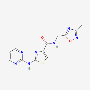 molecular formula C12H11N7O2S B2982986 N-((3-methyl-1,2,4-oxadiazol-5-yl)methyl)-2-(pyrimidin-2-ylamino)thiazole-4-carboxamide CAS No. 1251560-10-7