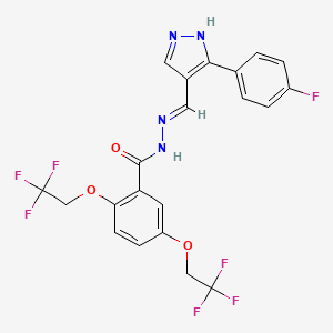 molecular formula C21H15F7N4O3 B2983155 N'-[(1E)-[3-(4-fluorophenyl)-1H-pyrazol-4-yl]methylidene]-2,5-bis(2,2,2-trifluoroethoxy)benzohydrazide CAS No. 477711-42-5