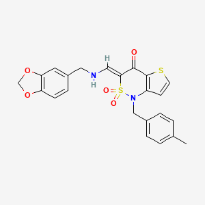 molecular formula C23H20N2O5S2 B2983226 (3Z)-3-{[(1,3-benzodioxol-5-ylmethyl)amino]methylene}-1-(4-methylbenzyl)-1H-thieno[3,2-c][1,2]thiazin-4(3H)-one 2,2-dioxide CAS No. 894675-52-6