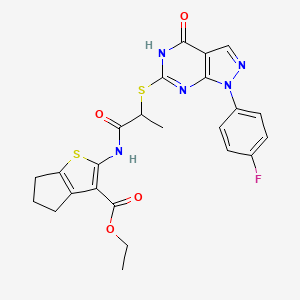 molecular formula C24H22FN5O4S2 B2983315 ethyl 2-(2-((1-(4-fluorophenyl)-4-oxo-4,5-dihydro-1H-pyrazolo[3,4-d]pyrimidin-6-yl)thio)propanamido)-5,6-dihydro-4H-cyclopenta[b]thiophene-3-carboxylate CAS No. 534593-83-4
