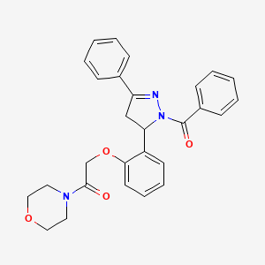 molecular formula C28H27N3O4 B2983333 2-(2-(1-benzoyl-3-phenyl-4,5-dihydro-1H-pyrazol-5-yl)phenoxy)-1-morpholinoethanone CAS No. 877818-48-9