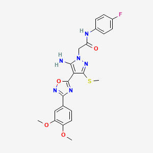 B2983385 2-(5-amino-4-(3-(3,4-dimethoxyphenyl)-1,2,4-oxadiazol-5-yl)-3-(methylthio)-1H-pyrazol-1-yl)-N-(4-fluorophenyl)acetamide CAS No. 1019098-98-6