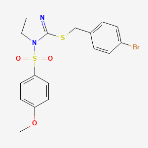 molecular formula C17H17BrN2O3S2 B2983471 2-[(4-Bromophenyl)methylsulfanyl]-1-(4-methoxyphenyl)sulfonyl-4,5-dihydroimidazole CAS No. 868217-11-2