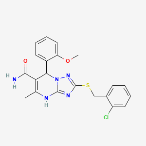 molecular formula C21H20ClN5O2S B2983480 2-[(2-Chlorobenzyl)thio]-7-(2-methoxyphenyl)-5-methyl-4,7-dihydro[1,2,4]triazolo[1,5-a]pyrimidine-6-carboxamide CAS No. 536991-54-5