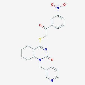 molecular formula C22H20N4O4S B2983493 4-((2-(3-nitrophenyl)-2-oxoethyl)thio)-1-(pyridin-3-ylmethyl)-5,6,7,8-tetrahydroquinazolin-2(1H)-one CAS No. 899954-61-1