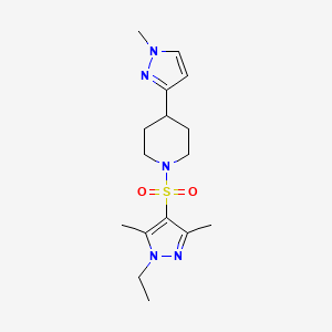 molecular formula C16H25N5O2S B2983498 1-((1-ethyl-3,5-dimethyl-1H-pyrazol-4-yl)sulfonyl)-4-(1-methyl-1H-pyrazol-3-yl)piperidine CAS No. 2034417-97-3