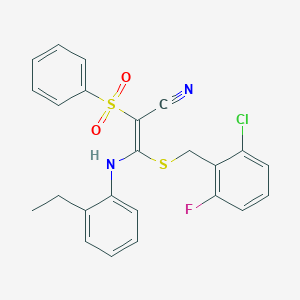 molecular formula C24H20ClFN2O2S2 B2983500 (E)-3-((2-chloro-6-fluorobenzyl)thio)-3-((2-ethylphenyl)amino)-2-(phenylsulfonyl)acrylonitrile CAS No. 1322288-01-6