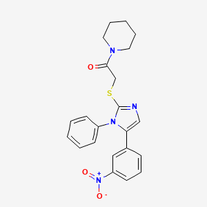 molecular formula C22H22N4O3S B2983552 2-((5-(3-nitrophenyl)-1-phenyl-1H-imidazol-2-yl)thio)-1-(piperidin-1-yl)ethanone CAS No. 1235121-76-2
