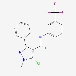 molecular formula C18H13ClF3N3 B2983553 N-[(5-chloro-1-methyl-3-phenyl-1H-pyrazol-4-yl)methylene]-3-(trifluoromethyl)aniline CAS No. 320422-71-7