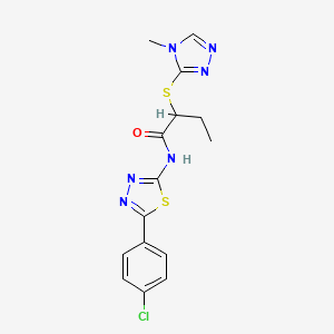 molecular formula C15H15ClN6OS2 B2983923 N-[5-(4-chlorophenyl)-1,3,4-thiadiazol-2-yl]-2-[(4-methyl-4H-1,2,4-triazol-3-yl)sulfanyl]butanamide CAS No. 394237-21-9