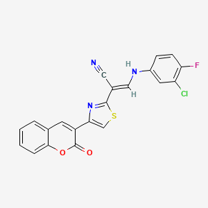 molecular formula C21H11ClFN3O2S B2984123 (2E)-3-[(3-chloro-4-fluorophenyl)amino]-2-[4-(2-oxo-2H-chromen-3-yl)-1,3-thiazol-2-yl]prop-2-enenitrile CAS No. 683258-53-9