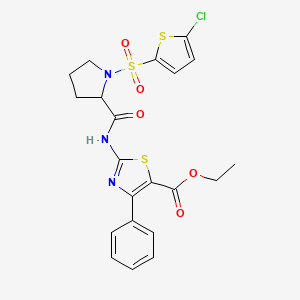 molecular formula C21H20ClN3O5S3 B2984141 Ethyl 2-(1-((5-chlorothiophen-2-yl)sulfonyl)pyrrolidine-2-carboxamido)-4-phenylthiazole-5-carboxylate CAS No. 1101178-54-4