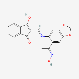 molecular formula C19H14N2O5 B2984284 2-(((6-((Hydroxyimino)ethyl)benzo[3,4-D]1,3-dioxolen-5-YL)amino)methylene)indane-1,3-dione CAS No. 1024619-77-9
