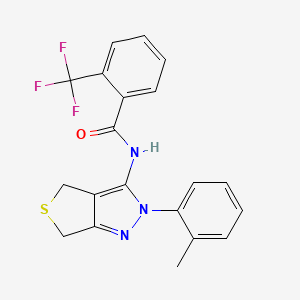 molecular formula C20H16F3N3OS B2984378 N-[2-(2-methylphenyl)-4,6-dihydrothieno[3,4-c]pyrazol-3-yl]-2-(trifluoromethyl)benzamide CAS No. 396721-06-5