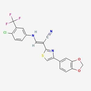 molecular formula C20H11ClF3N3O2S B2984760 (E)-2-(4-(benzo[d][1,3]dioxol-5-yl)thiazol-2-yl)-3-((4-chloro-3-(trifluoromethyl)phenyl)amino)acrylonitrile CAS No. 477305-24-1