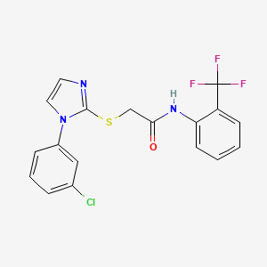 molecular formula C18H13ClF3N3OS B2984781 2-{[1-(3-chlorophenyl)-1H-imidazol-2-yl]sulfanyl}-N-[2-(trifluoromethyl)phenyl]acetamide CAS No. 851132-80-4