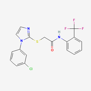 molecular formula C18H13ClF3N3OS B2984781 2-[1-(3-氯苯基)咪唑-2-基]硫代-N-[2-(三氟甲基)苯基]乙酰胺 CAS No. 851132-80-4