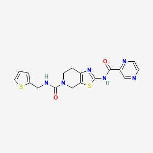 molecular formula C17H16N6O2S2 B2985083 2-(pyrazine-2-carboxamido)-N-(thiophen-2-ylmethyl)-6,7-dihydrothiazolo[5,4-c]pyridine-5(4H)-carboxamide CAS No. 1351621-43-6