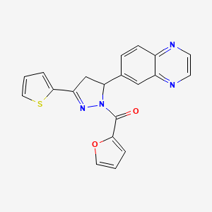 molecular formula C20H14N4O2S B2985135 6-[1-(furan-2-carbonyl)-3-(thiophen-2-yl)-4,5-dihydro-1H-pyrazol-5-yl]quinoxaline CAS No. 946338-23-4
