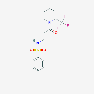molecular formula C19H27F3N2O3S B2985150 4-(tert-butyl)-N-(3-oxo-3-(2-(trifluoromethyl)piperidin-1-yl)propyl)benzenesulfonamide CAS No. 2034253-15-9