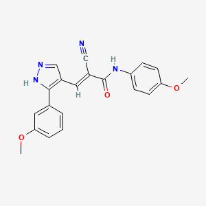 molecular formula C21H18N4O3 B2985154 (E)-2-cyano-N-(4-methoxyphenyl)-3-[5-(3-methoxyphenyl)-1H-pyrazol-4-yl]prop-2-enamide CAS No. 1181466-03-4