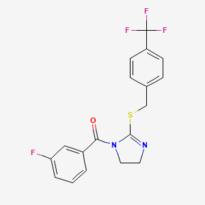 molecular formula C18H14F4N2OS B2985216 (3-Fluorophenyl)-[2-[[4-(trifluoromethyl)phenyl]methylsulfanyl]-4,5-dihydroimidazol-1-yl]methanone CAS No. 851806-17-2