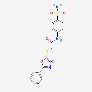 molecular formula C16H14N4O4S2 B2985237 N-[4-(aminosulfonyl)phenyl]-2-[(5-phenyl-1,3,4-oxadiazol-2-yl)sulfanyl]acetamide CAS No. 511288-86-1