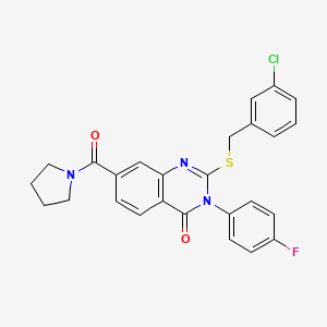 molecular formula C26H21ClFN3O2S B2985279 2-((3-chlorobenzyl)thio)-3-(4-fluorophenyl)-7-(pyrrolidine-1-carbonyl)quinazolin-4(3H)-one CAS No. 1115332-07-4