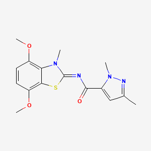molecular formula C16H18N4O3S B2985307 N-(4,7-二甲氧基-3-甲基苯并[d]噻唑-2(3H)-基亚甲基)-1,3-二甲基-1H-吡唑-5-羧酰胺 CAS No. 1019095-74-9