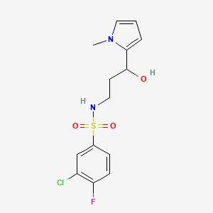 molecular formula C14H16ClFN2O3S B2985309 3-chloro-4-fluoro-N-(3-hydroxy-3-(1-methyl-1H-pyrrol-2-yl)propyl)benzenesulfonamide CAS No. 1798674-50-6
